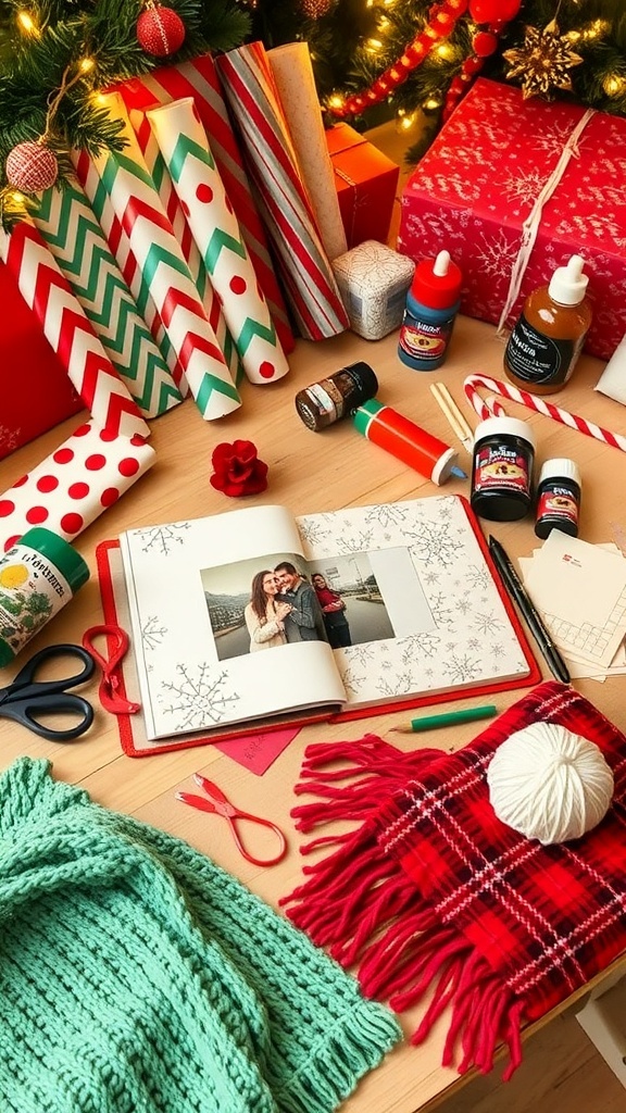 A creative workspace with DIY Christmas gift materials, including a photo album, yarn, and craft supplies.